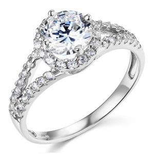 14k White Split Shank Halo 1-CT Round CZ Ring